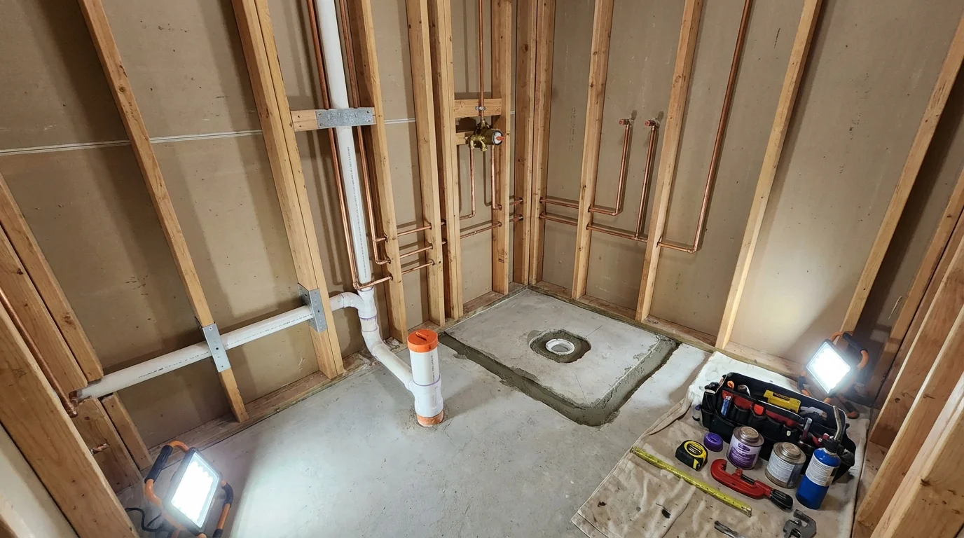 Bathroom rough-in plumbing during remodel by Johns Plumbing LLC in Kincaid