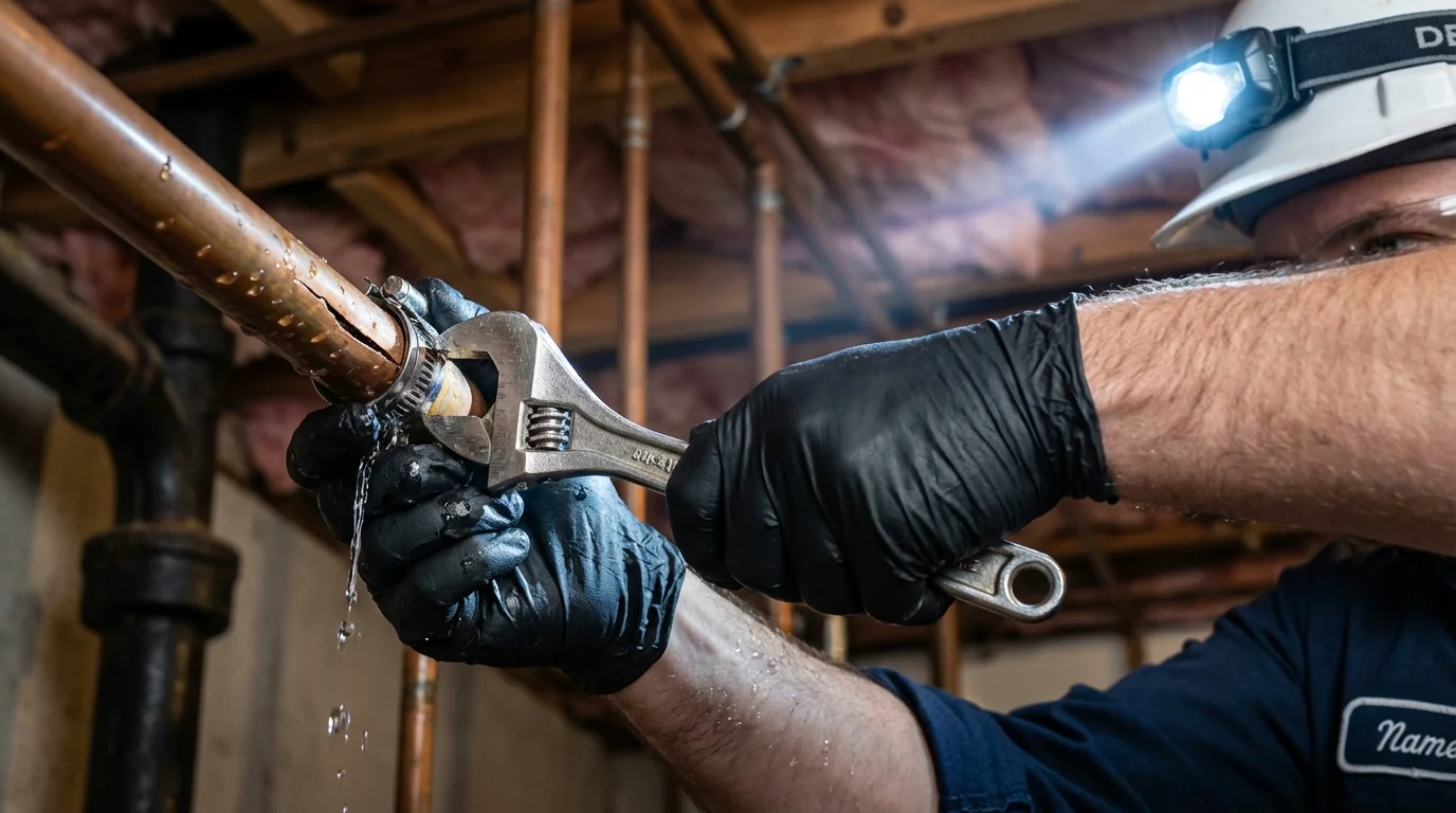 Emergency pipe clamp repair being performed by a Johns Plumbing LLC plumber in Kincaid