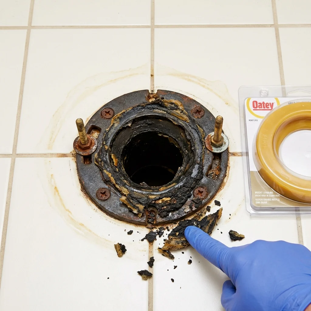 Failed wax ring showing water seepage at the base of a toilet in a Kincaid, IL home