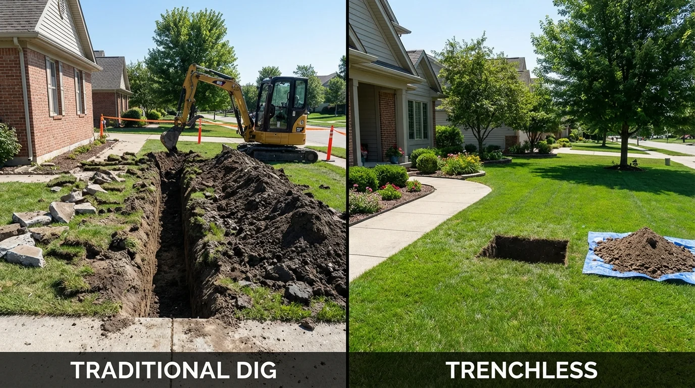 Trenchless sewer repair with minimal yard damage versus traditional excavation in Kincaid, IL