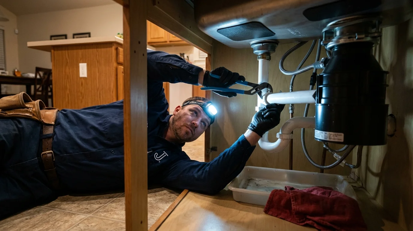 P-trap and supply line connections under a kitchen sink showing a common leak point in Kincaid, IL